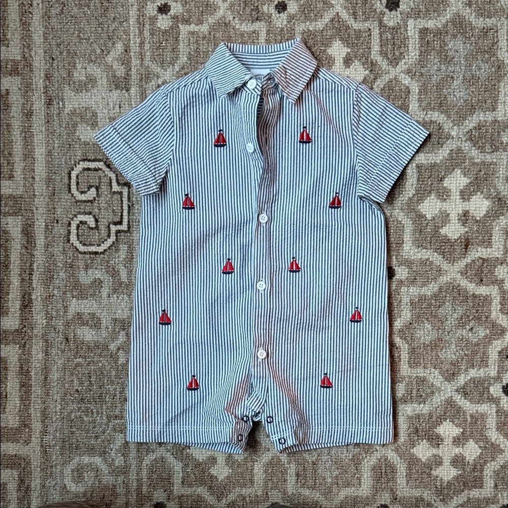 Striped Blue and White Kids Shirt with Red sailboats